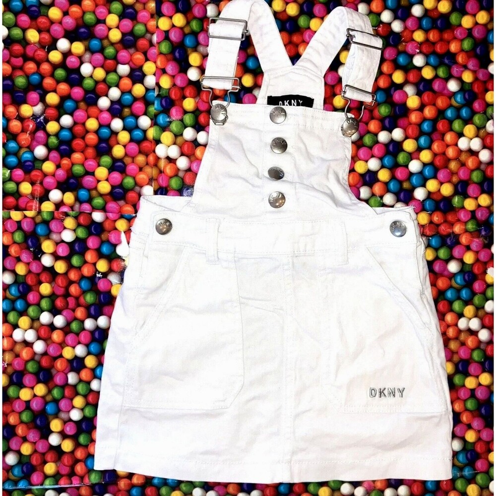 DKNY sz 5 Girls Youth White Cotton Stretch Denim Jeans Overalls Dress Jumper
